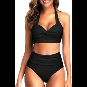 NWT Tempt Me Women's Vintage Swimsuits Black Halter Ruched High Waist SZ M
